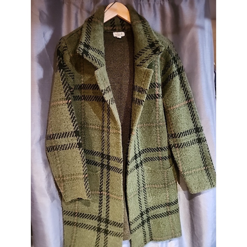 One World Moss Green Plaid Knit Coatigan Open Front Long Jacket XL